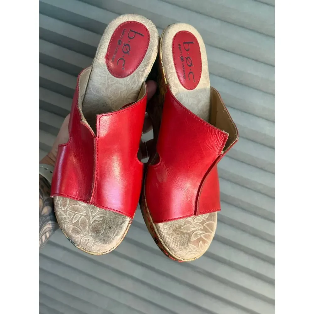 b.o.c. Born Concept Red Leather Floral Cork Wedge Sandals Women’s 7M Comfort